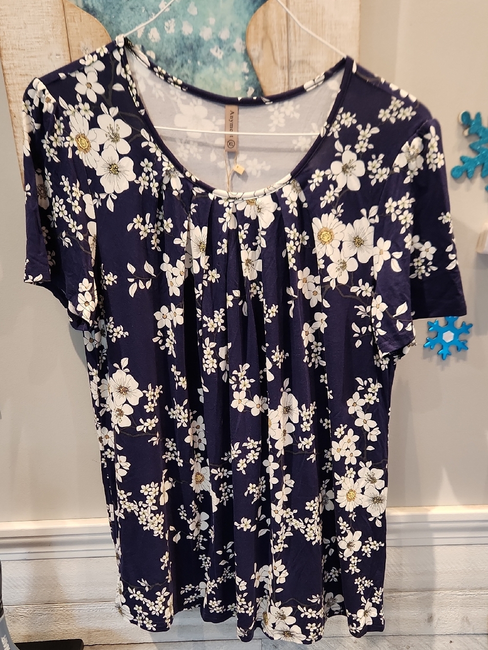 NWT Anymeet Women's Sz XL Navy & White Scoop Neck Floral Blouse